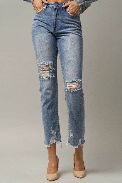 High-Rise Premium Cropped Straight Jeans with Ripped Details - Fashions Envy