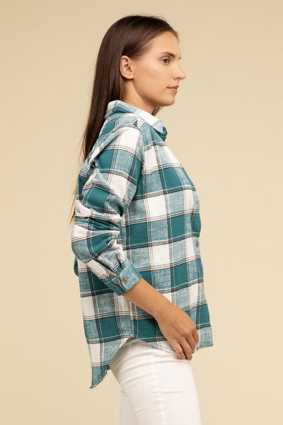 Cotton Plaid Shacket With Front Pocket - Fashions Envy