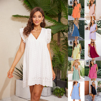 Lace Beach Dress - V-Neck Sleeveless Summer Dress with Pockets