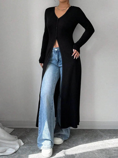V-Neck Button-Front Longline Cardigan - Long Sweater with Slits - Fashions Envy