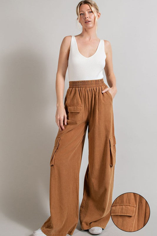 Casual Mineral Washed Wide Leg Cargo Pants