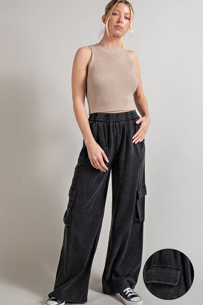 Casual Mineral Washed Wide Leg Cargo Pants