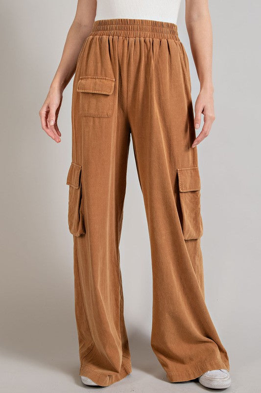 Casual Mineral Washed Wide Leg Cargo Pants