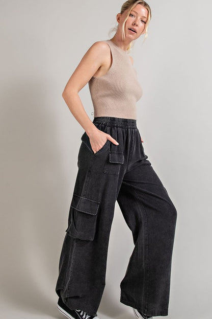 Casual Mineral Washed Wide Leg Cargo Pants