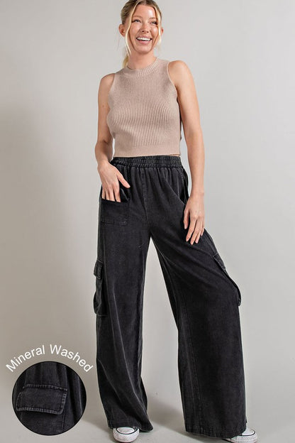 Casual Mineral Washed Wide Leg Cargo Pants