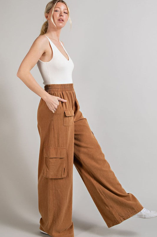 Casual Mineral Washed Wide Leg Cargo Pants