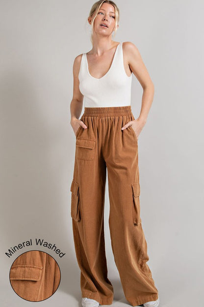 Casual Mineral Washed Wide Leg Cargo Pants