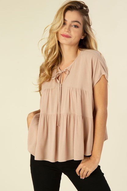 Beige Dolman Short Sleeve A Line Tiered Blouse