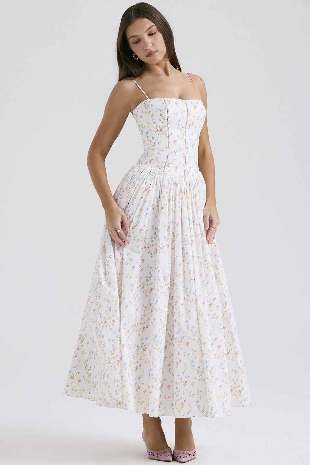 Floral Cami Maxi Dress - Cinched Waist A-Line Spaghetti Strap