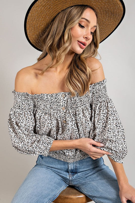 Animal Print Smocked Off the Shoulder Top