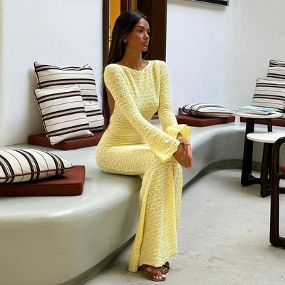 Backless Maxi Dress - Tie Detail Long Sleeve Yellow - Fashions Envy