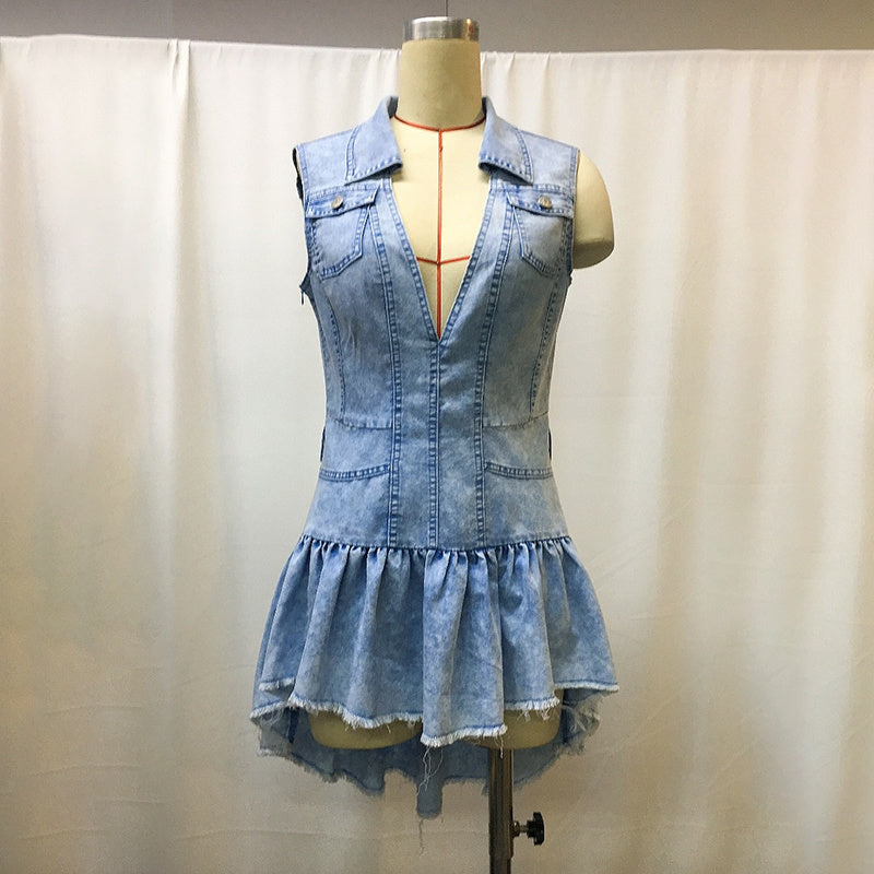 Women's Vintage Western Cowboy Dress, Elegant Deep V Neck Mini Dress With Ruffle Asymmetrical High Low Hem, NO Belt