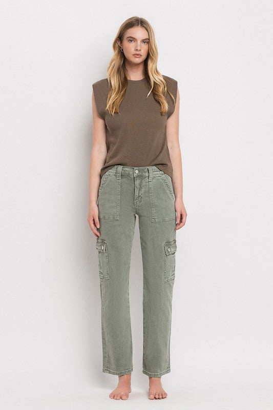 Army Green High Rise Cargo Straight Jeans