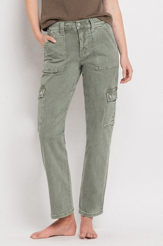 Army Green High Rise Cargo Straight Jeans