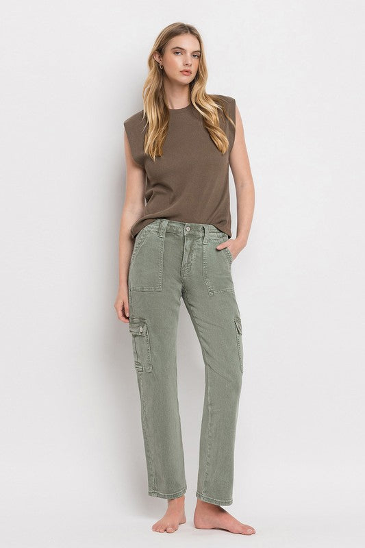 Army Green High Rise Cargo Straight Jeans