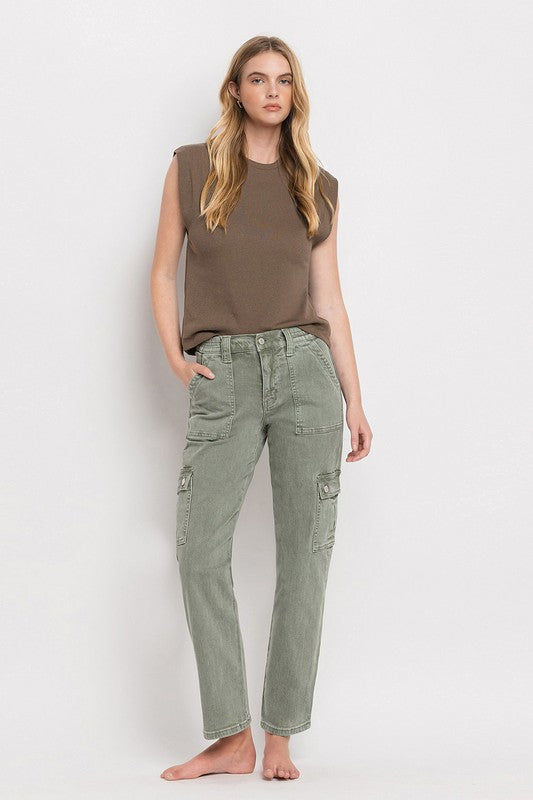 Army Green High Rise Cargo Straight Jeans