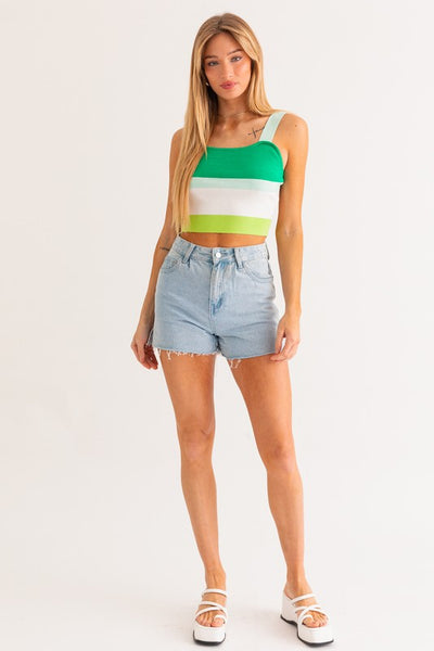 Square Neck Stripe Pattern Knit Tank Top