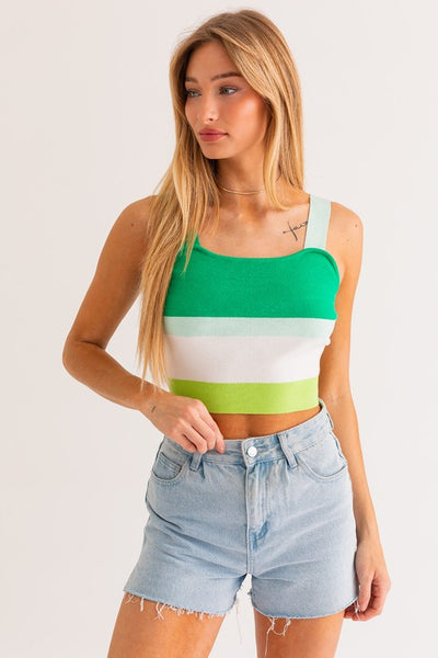 Square Neck Stripe Pattern Knit Tank Top