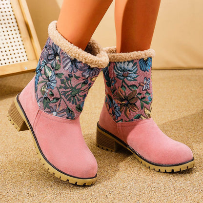 Embroidered Snow Boots - Ethnic Platform Square Heel