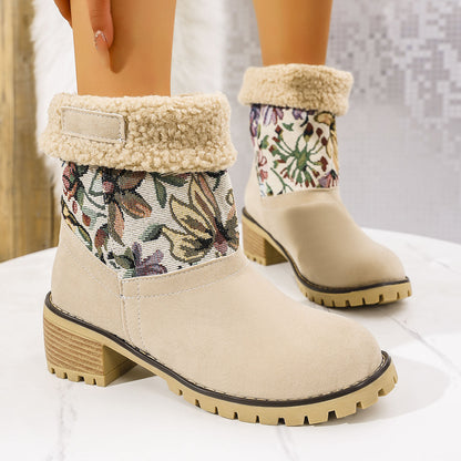 Embroidered Snow Boots - Ethnic Platform Square Heel