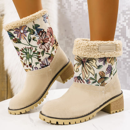Embroidered Snow Boots - Ethnic Platform Square Heel