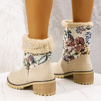 Embroidered Snow Boots - Ethnic Platform Square Heel