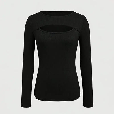 Long Sleeve Top - Ribbed Cut-Out Fitted Casual