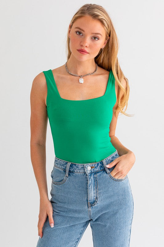 Casual Fitted Plain Square Neck Tank Bodysuit