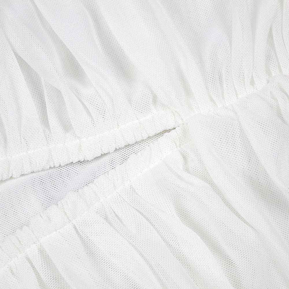 Sheer Mesh Backless Dress - White Halter Long Sleeve