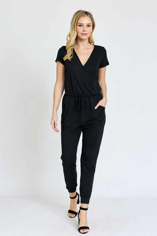 Short Sleeve V-Neck Jogger Jumpsuit