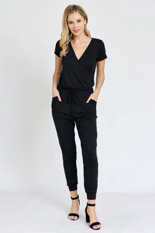 Short Sleeve V-Neck Jogger Jumpsuit