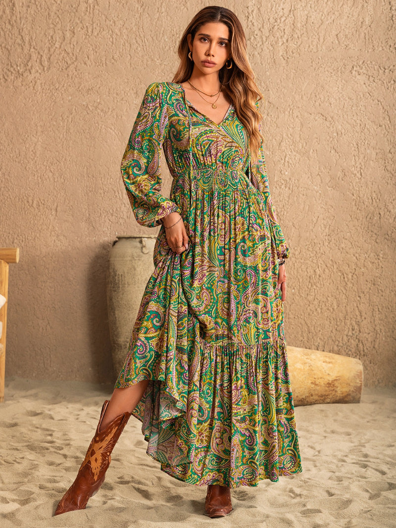Matcha Green Printed Tie Neck Long Sleeve Dress