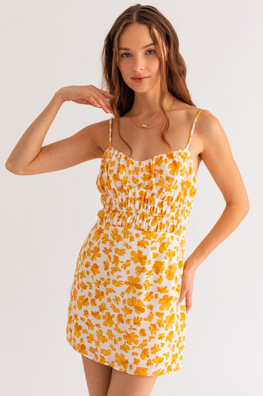 Chic Flower Pattern Sleeveless Ruched Mini Dress