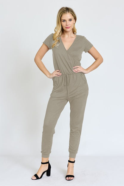 Short Sleeve V-Neck Jogger Jumpsuit