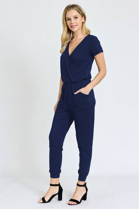 Short Sleeve V-Neck Jogger Jumpsuit