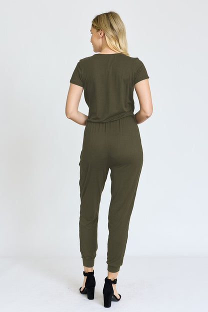 Short Sleeve V-Neck Jogger Jumpsuit