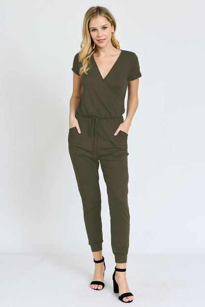 Short Sleeve V-Neck Jogger Jumpsuit