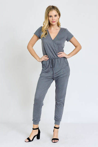 Short Sleeve V-Neck Jogger Jumpsuit