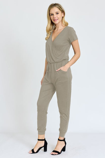 Short Sleeve V-Neck Jogger Jumpsuit