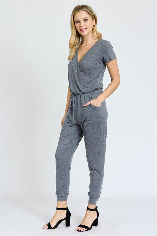 Short Sleeve V-Neck Jogger Jumpsuit