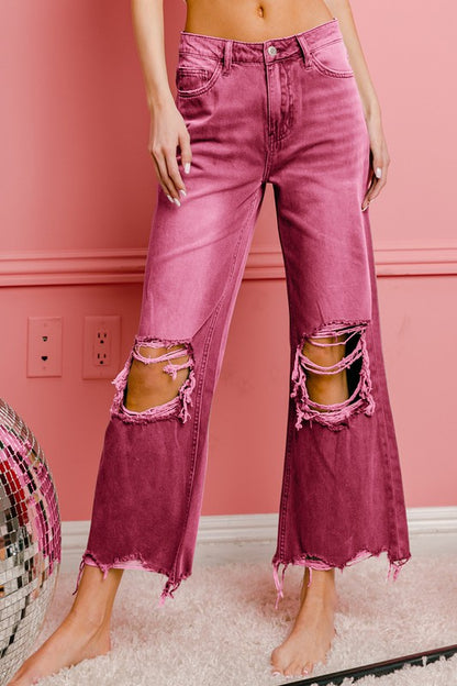 Distressed Vintage Washed Wide Leg Jeans