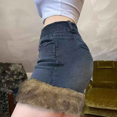 Faux Fur Trim Denim Skirt - Retro High-Waisted Mini - Fashions Envy
