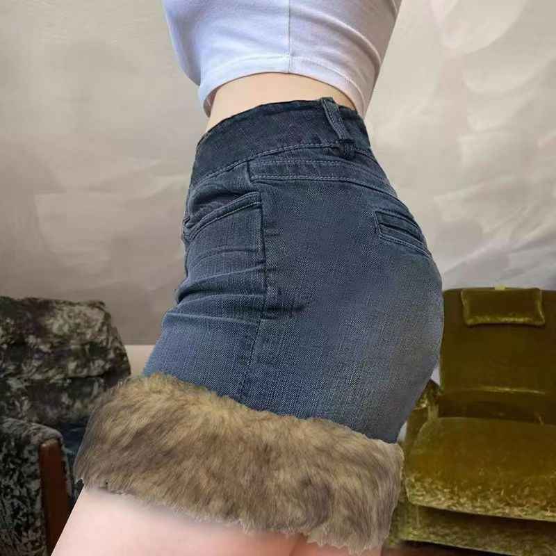 Faux Fur Trim Denim Skirt - Retro High-Waisted Mini - Fashions Envy