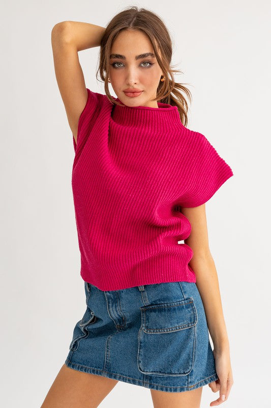 Oversized Turtle Neck Power Shoulder Sweater Vest