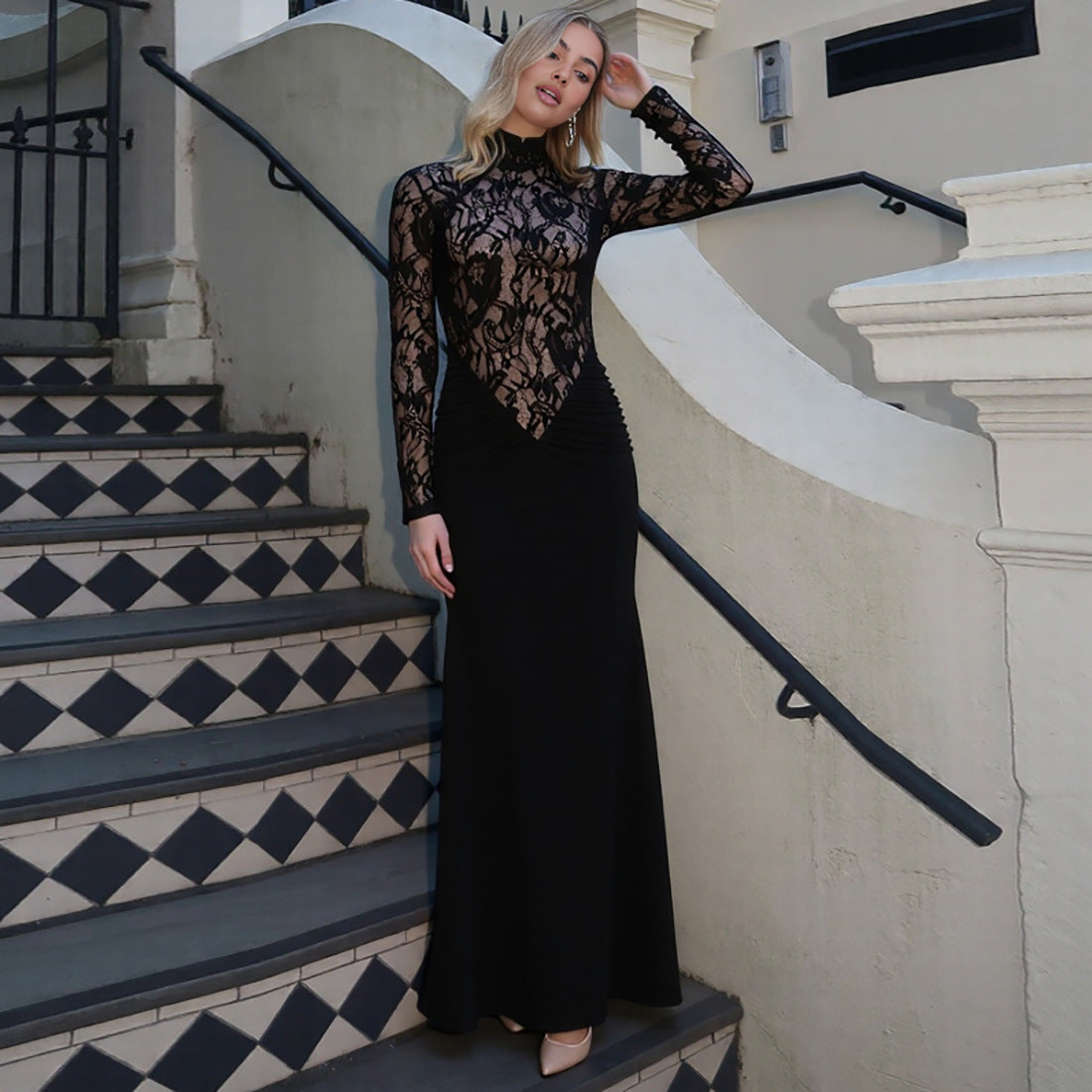 High Neck Lace Maxi Dress - Long Sleeve Black - Fashions Envy