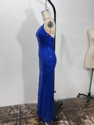 Spaghetti Strap Sequin Prom Gown - Deep V Maxi Slit Dress