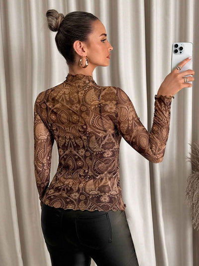 Small Stand-up Collar Blouse - Long Sleeve Mesh Top