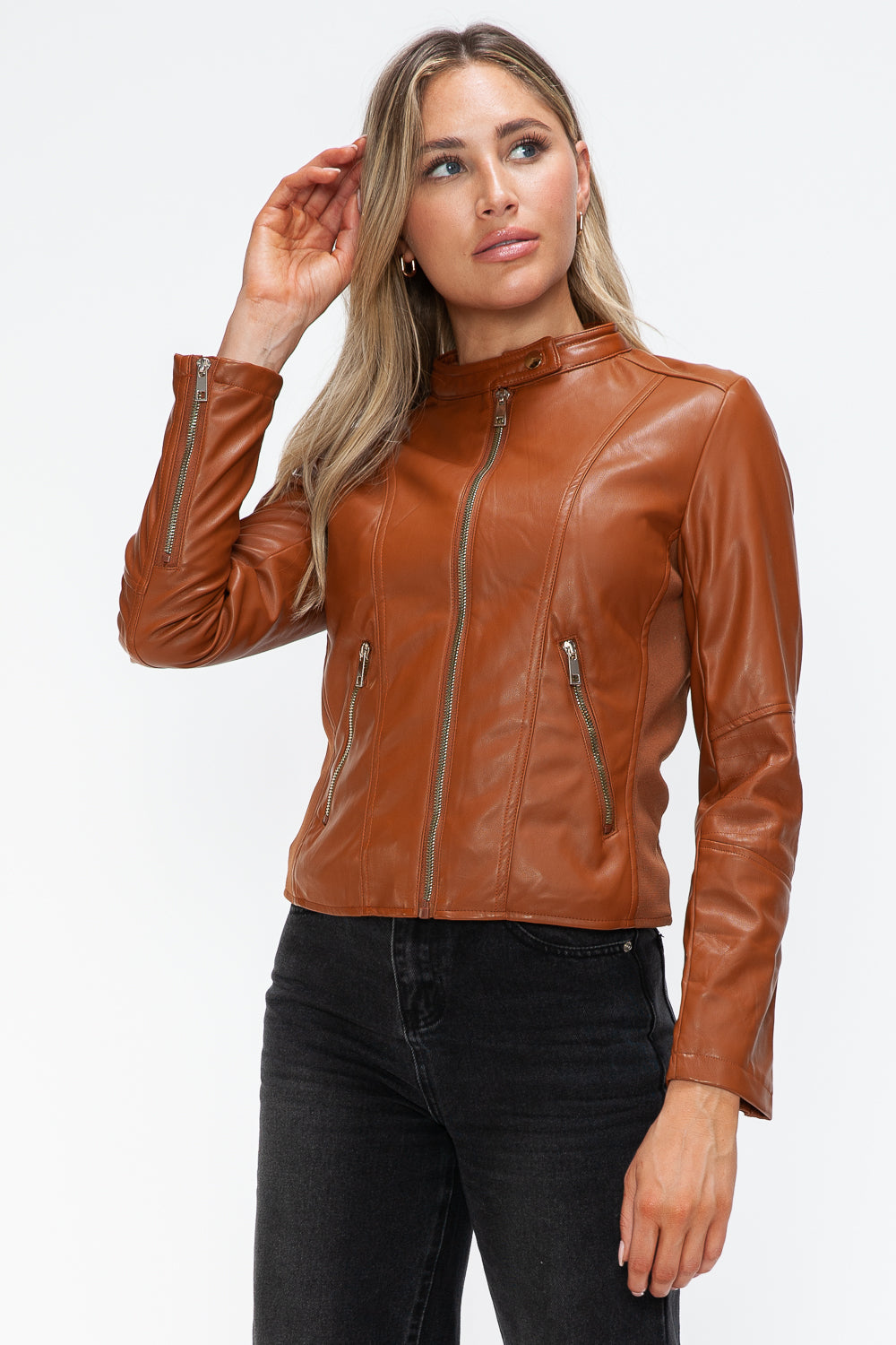 Camel Faux Leather Zip Up Drawstring Hooded Jacket