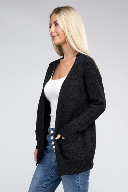 Melange Open Front Sweater Cardigan with Front Pockets