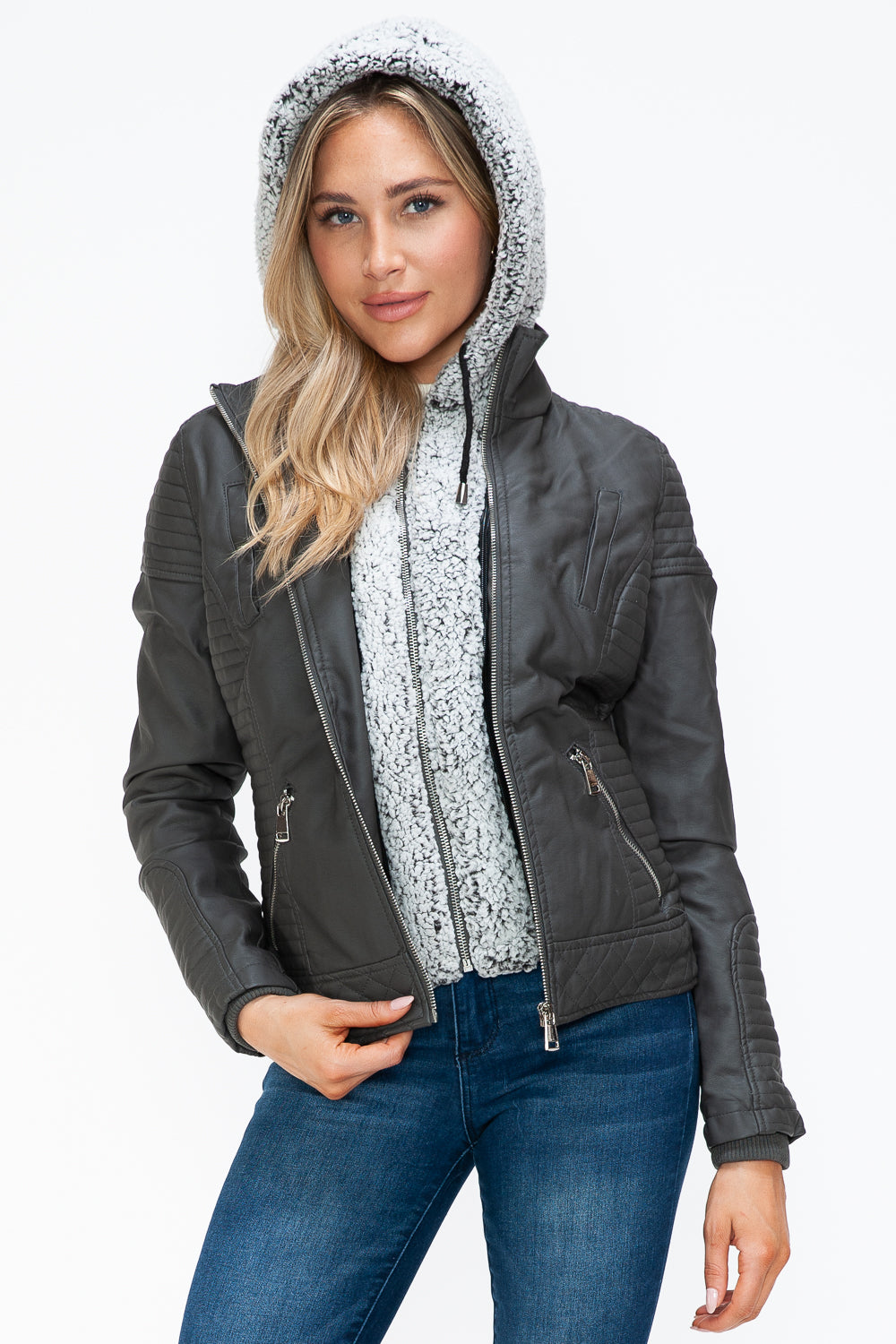 Charcoal Faux Layered Double-Zipper Jacket with Fuzzy Hood